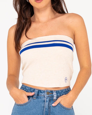 Woman wearing Amelia Strapless Contrast Knit Top in Oatmilk