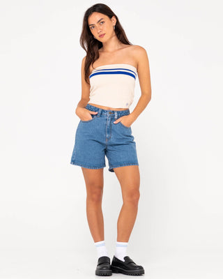 Woman wearing Amelia Strapless Contrast Knit Top in Oatmilk