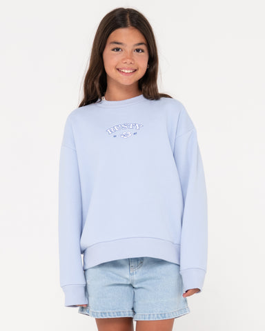 Girl wearing Rusty Relaxed Crew Fleece Girls in Mist Blue