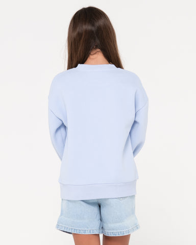 Girl wearing Rusty Relaxed Crew Fleece Girls in Mist Blue