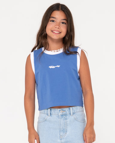 Girl wearing Wildflower Muscle Tank Girls in Yonder Blue