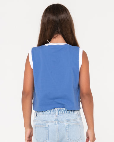 Girl wearing Wildflower Muscle Tank Girls in Yonder Blue