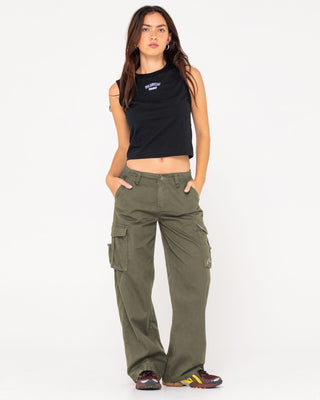 Woman wearing Tank Girl Low Rise Wide Fit Cargo Pant in Army
