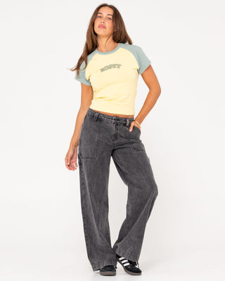 Woman wearing Billie Low Wide Denim Carpenter Pant in Stone Black