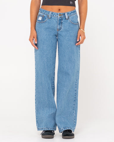 Woman wearing Low Rise Super Wide Leg Denim Jean in Sea Blue