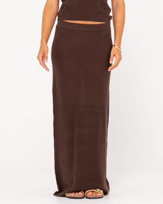Woman wearing Ophelia Knit Maxi Skirt in Tuscan Brown