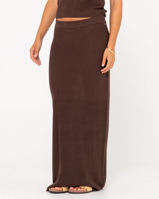 woman-wearing-ophelia-knit-maxi-skirt-in-tuscan-brown
