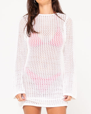 Woman wearing Amalfi Long Sleeve Knit Mini Dress in Snow