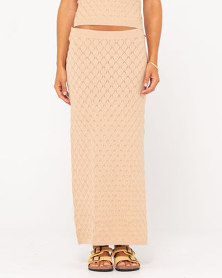 Woman wearing Leo Maxi Knit Skirt in Oatmeal