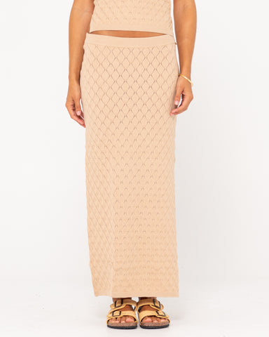 Woman wearing Leo Maxi Knit Skirt in Oatmeal