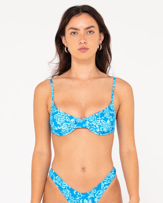 Woman wearing Cabo Balconette Bikini Top in Aquarius Blue