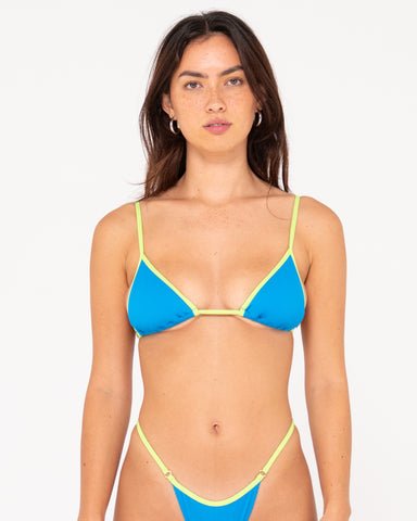 Woman wearing Contrast Triangle Bikini Top in Yonder Blue