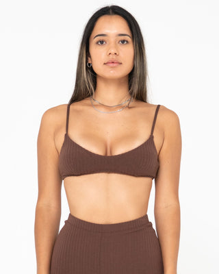 Woman wearing Lucky Bralette Bikini Top in Java