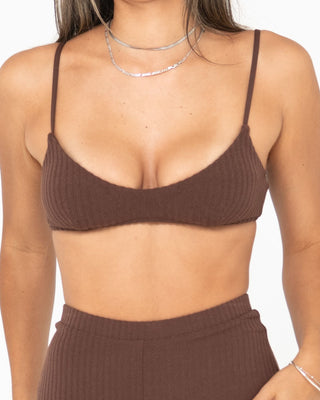 Woman wearing Lucky Bralette Bikini Top in Java