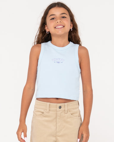 Girl wearing Rusty Racer Tank Girls in Mist Blue