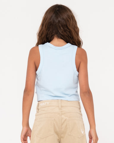 Girl wearing Rusty Racer Tank Girls in Mist Blue