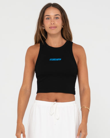 Woman wearing Rusty Contrast Racer Tank in Black