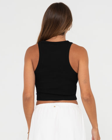 Woman wearing Rusty Contrast Racer Tank in Black