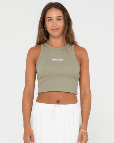 Woman wearing Rusty Contrast Racer Tank in Faded Pistachio