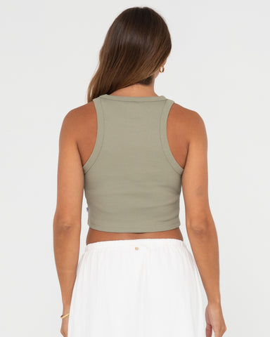 Woman wearing Rusty Contrast Racer Tank in Faded Pistachio