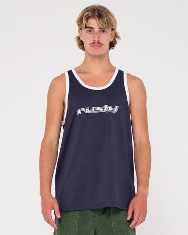 Man wearing Dead Ringer Tank in Navy Blue