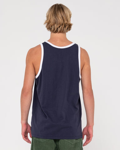 Man wearing Dead Ringer Tank in Navy Blue