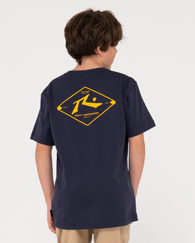 Boy wearing Wull Wolume Short Sleeve Tee Boys in Navy Blue