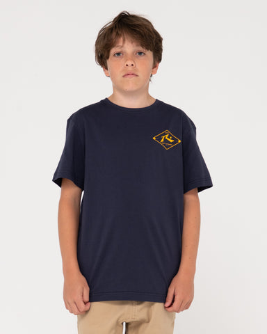 Boy wearing Wull Wolume Short Sleeve Tee Boys in Navy Blue