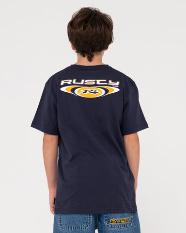 Boy wearing Irie Eye Short Sleeve Tee Boys in Navy Blue