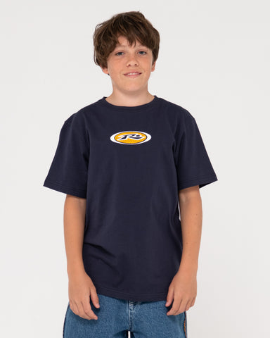 Boy wearing Irie Eye Short Sleeve Tee Boys in Navy Blue