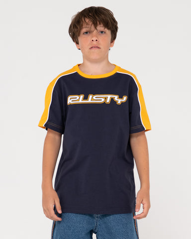 Boy wearing Straight Shooter Short Sleeve Tee Boys in Navy Blue