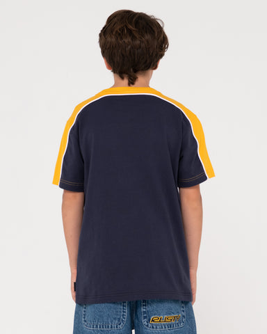 Boy wearing Straight Shooter Short Sleeve Tee Boys in Navy Blue