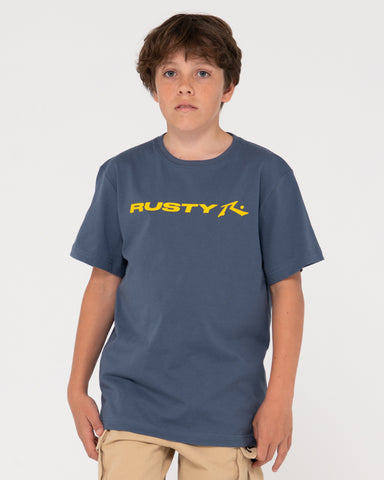 Boy wearing Vital Rusty Short Sleeve Tee Boys in China Blue