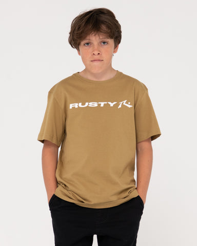 Boy wearing Vital Rusty Short Sleeve Tee Boys in Khaki