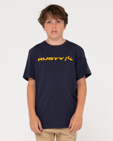 Boy wearing Vital Rusty Short Sleeve Tee Boys in Navy Blue