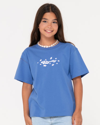 Girl wearing Wildflower Oversize Tee Girls in Yonder Blue