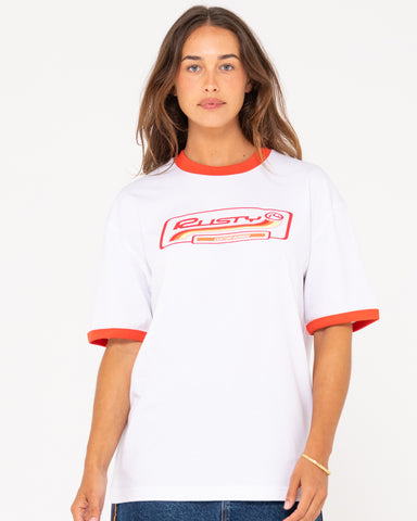 Woman wearing Boarding Pass Oversize Short Sleeve Tee in White