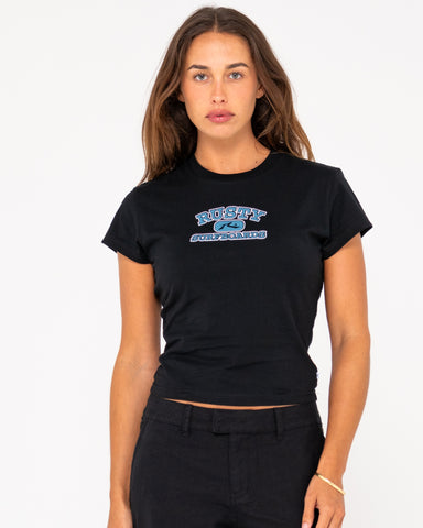 Woman wearing Var-city Short Sleeve Skimmer Tee in Black