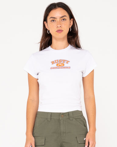 Woman wearing Var-city Short Sleeve Skimmer Tee in White