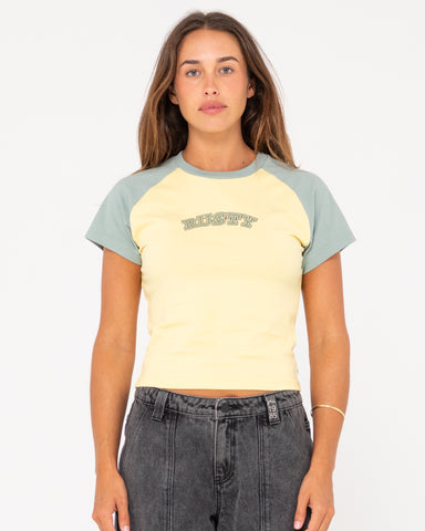 Woman wearing Mid Term Raglan Short Sleeve Skimmer Tee in Pale Banana