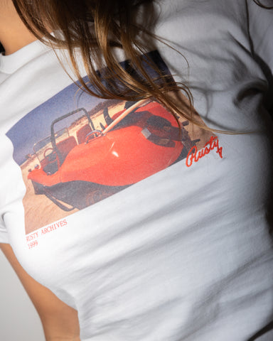 Woman wearing Road Trip Short Sleeve Skimmer Tee in White