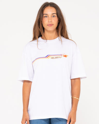 Woman wearing Wave Rider Oversize Short Sleeve Tee in White