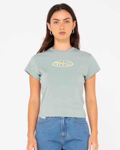 Woman wearing Circles Short Sleeve Skimmer Tee in Faded Pistachio