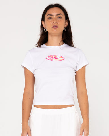 Woman wearing Circles Short Sleeve Skimmer Tee in White