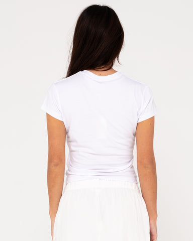 Woman wearing Circles Short Sleeve Skimmer Tee in White