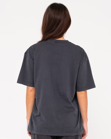 Woman wearing Rusty Arches Oversized Short Sleeve Tee in Vintage Black