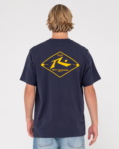 Man wearing Wull Wolume Short Sleeve Tee in Navy Blue