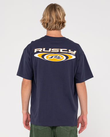 Man wearing Irie Eye Short Sleeve Tee in Navy Blue