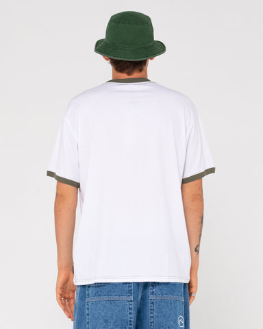 Man wearing Dead Ringer Short Sleeve Tee in White