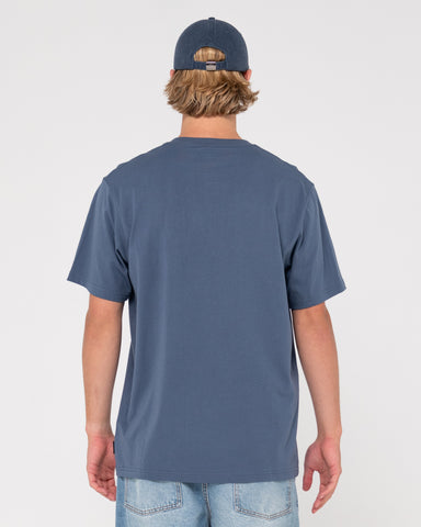 Man wearing Boxed Out Centre Front Short Sleeve Tee in China Blue